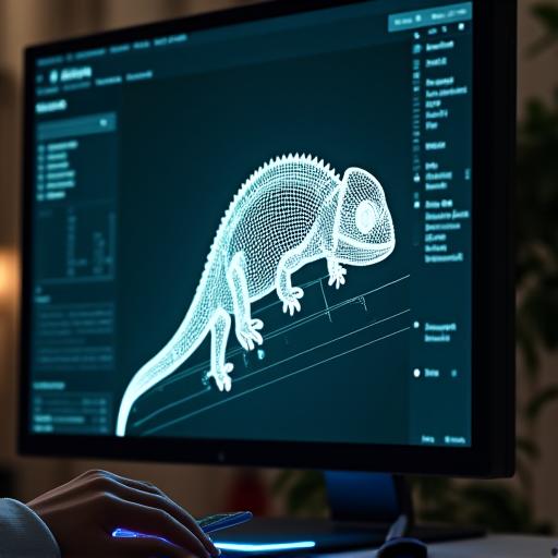 コンピュータ画面に表示された、カメレオンの3Dモデルのワイヤーフレーム。
